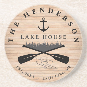 Family Name Lake House Pine Tree wood Personalized Coaster