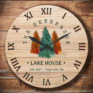 Family Name Lake House Pine Tree wood Personalized Large Clock