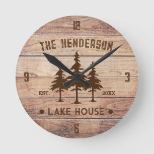 Family Name Lake House Pine Tree wood Personalized Round Clock
