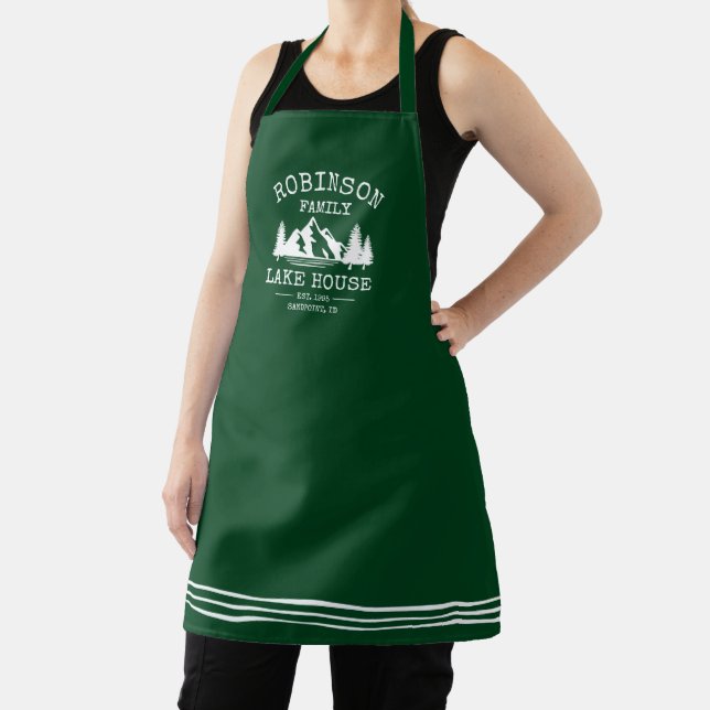 Family Name Lake House Rustic Forest Green Apron (Insitu)