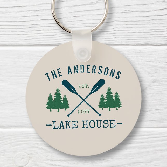 Family Name Lake House Rustic Oars Pine Tree Round Key Ring (Creator Uploaded)