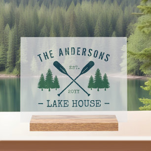 Family Name Lake House Rustic Oars Pine Trees Acrylic Sign