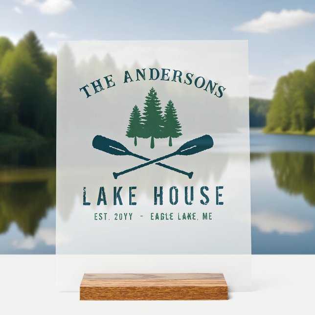 Family Name Lake House Rustic Oars Pine Trees Acrylic Sign (Creator Uploaded)