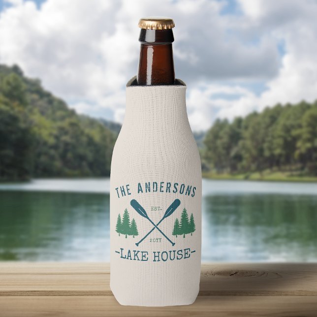 Family Name Lake House Rustic Oars Pine Trees Bottle Cooler (Creator Uploaded)