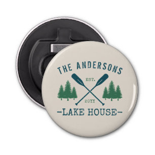 Family Name Lake House Rustic Oars Pine Trees Bottle Opener