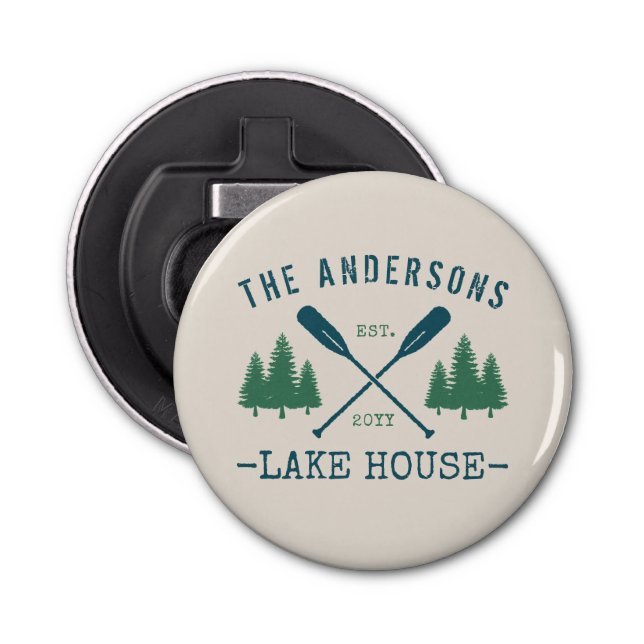 Family Name Lake House Rustic Oars Pine Trees Bottle Opener (Front)