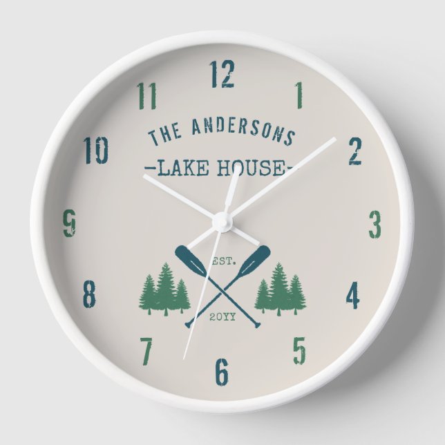 Family Name Lake House Rustic Oars Pine Trees Clock (Front)