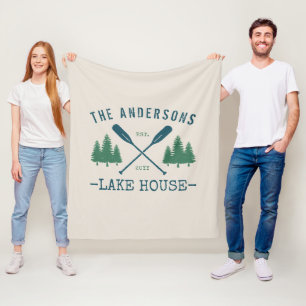 Family Name Lake House Rustic Oars Pine Trees Fleece Blanket