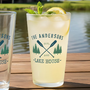 Family Name Lake House Rustic Oars Pine Trees Glass