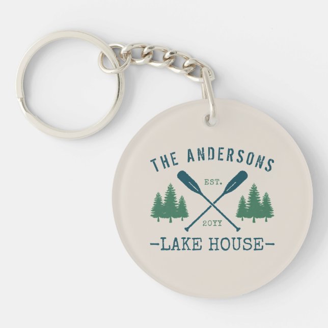 Family Name Lake House Rustic Oars Pine Trees Key Ring (Front)