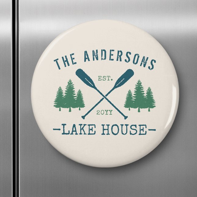 Family Name Lake House Rustic Oars Pine Trees Magnet (Creator Uploaded)
