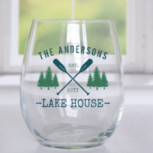 Family Name Lake House Rustic Oars Pine Trees Stemless Wine Glass