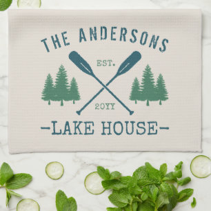 Family Name Lake House Rustic Oars Pine Trees Tea Towel