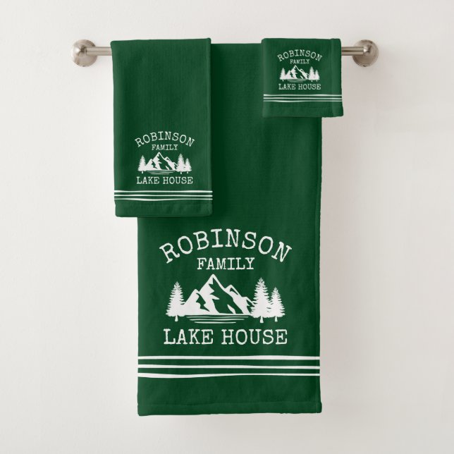 Family Name Lake House Trees Forest Green Bath Towel Set (Insitu)