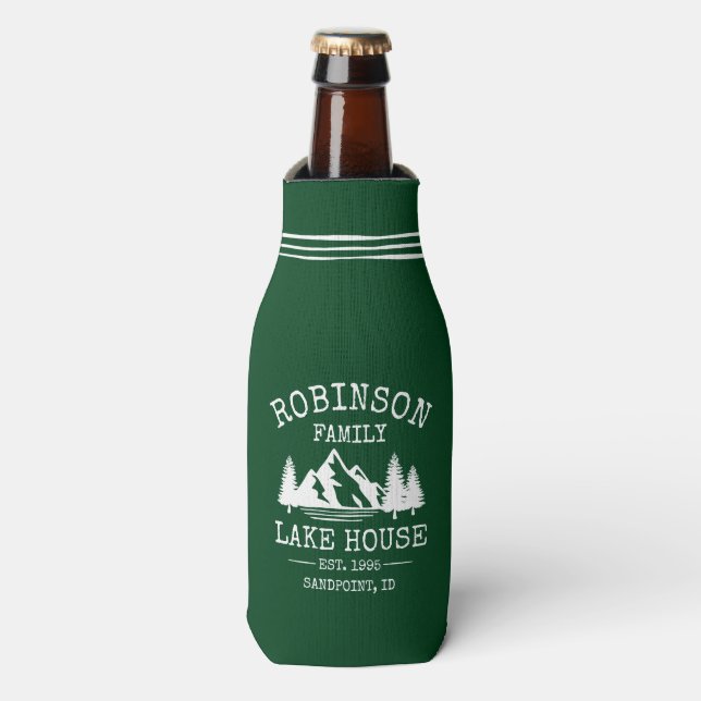 Family Name Lake House Trees Forest Green Bottle Cooler (Bottle Front)