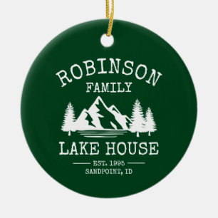 Family Name Lake House Trees Forest Green Ceramic Ornament