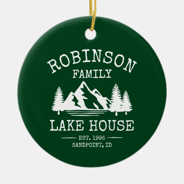 Family Name Lake House Trees Forest Green Ceramic Ornament (Front)
