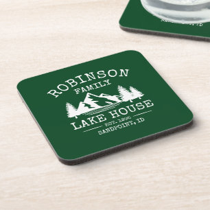 Family Name Lake House Trees Forest Green Corked Coaster