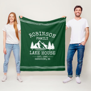Family Name Lake House Trees Forest Green Fleece Blanket