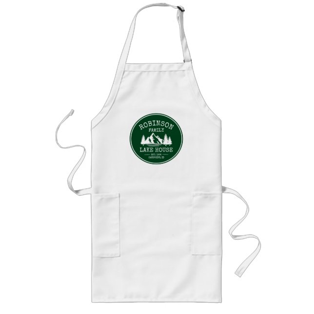 Family Name Lake House Trees Forest Green Long Apron (Front)