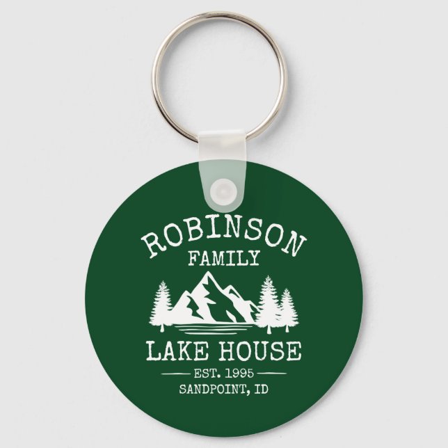 Family Name Lake House Trees Forest Green Round Key Ring (Front)