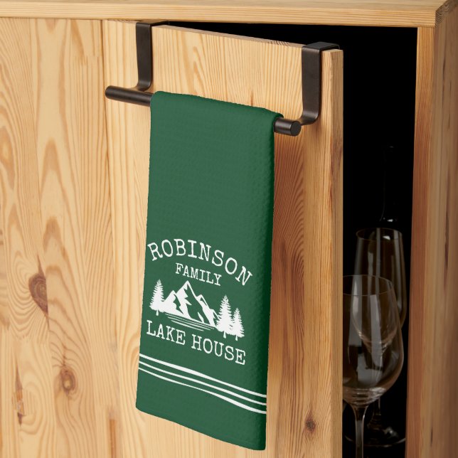 Family Name Lake House Trees Forest Green Tea Towel (Thirds Fold)