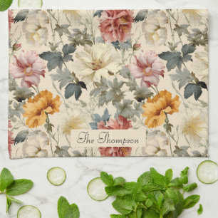 Family name luxury retro floral art Elegant style Tea Towel