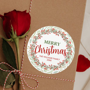 Family Name Merry Christmas Flower Wreath Classic Round Sticker