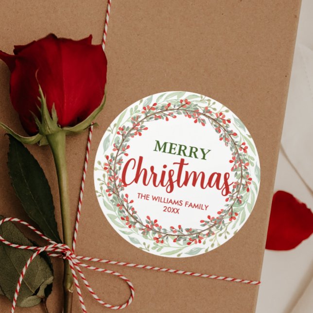 Family Name Merry Christmas Flower Wreath Classic Round Sticker (Family Name Merry Christmas Flower Wreath Classic Round Sticker)