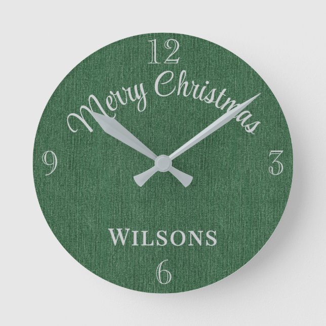 Family Name Merry Christmas Green Denim Print 8-in Round Clock (Front)
