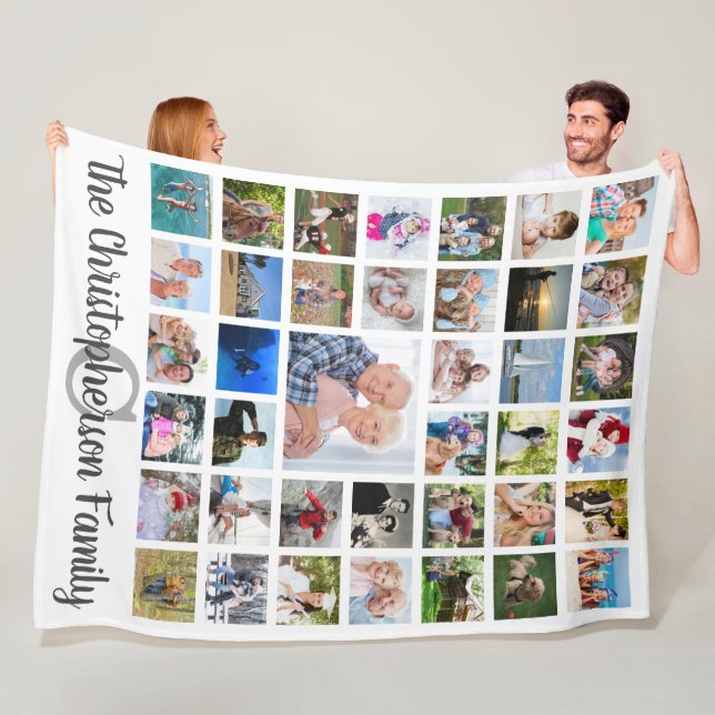 Family Name Monogram 39 Photo Collage Script White Fleece Blanket (In Situ)