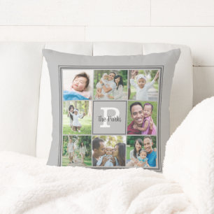 Family Name Monogram 8 Photo Collage Grey Cushion