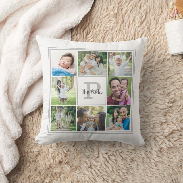 Family Name Monogram 8 Photo Collage White Grey Cushion (Blanket)
