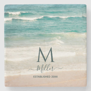 Family Name Monogram Beach Waves House Elegant  St Stone Coaster