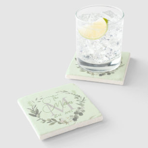 Family Name Monogram Botanical Watercolor Stone Coaster
