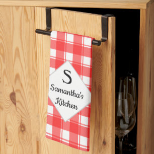 Family Name Monogram Custom Red White Retro Plaid Tea Towel