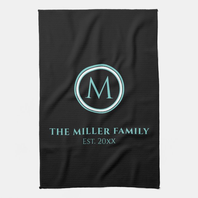 Family Name | Monogram | Date | Black & Teal Tea Towel (Vertical)