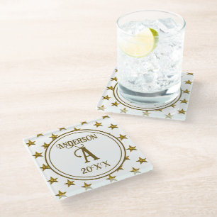 Family Name Monogram Elegant White Gold Stars Glass Coaster