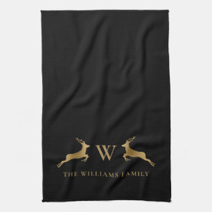 Family Name Monogram Gold Deer Black Tea Towel