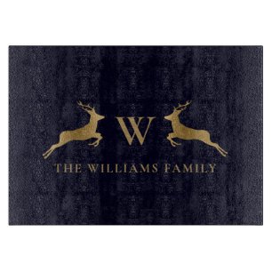 Family Name Monogram Gold Deer Kitchen Navy Cutting Board