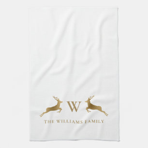 Family Name Monogram Gold Deer Tea Towel