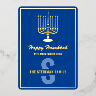 Family Name Monogram Happy Hanukkah Menorah Candle Foil Holiday Card