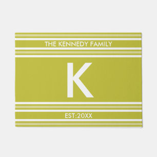 Family Name Monogram Initial Green White Stripe Doormat