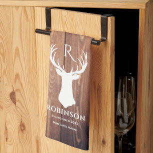 Family Name Monogram Lake Rustic Deer Antler Wood Tea Towel