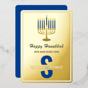 Family Name Monogram Menorah Candle Happy Hanukkah Foil Holiday Card
