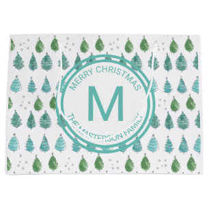 Family Name Monogram Merry Christmas Trees Green Large Gift Bag