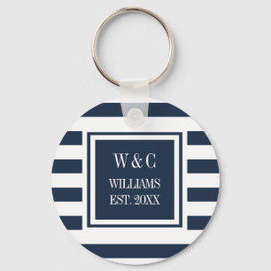 Family Name Monogram Navy Blue White Stripe Key Ring