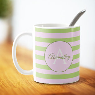 Family Name Monogram Pastel Pink Green Striped Coffee Mug