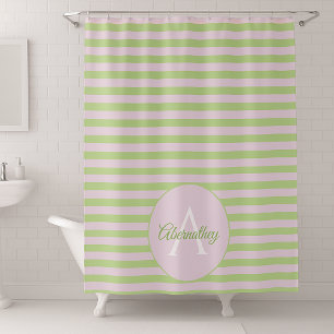 Family Name Monogram Pastel Pink Green Striped Shower Curtain