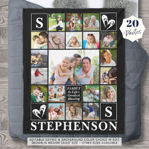 Family Name Monogram Quote Heart 20 Photo Collage Fleece Blanket